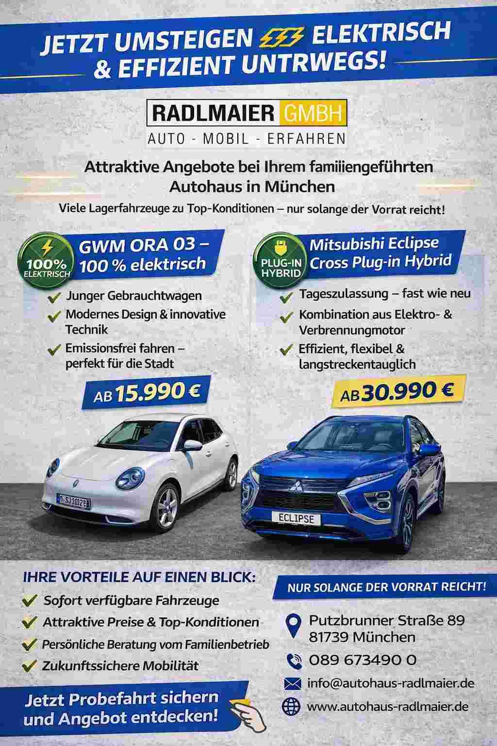 Angebot Neuwagen GWM Ora3 und Mitsubishi Eclipse Cross Plug-in Hybrid